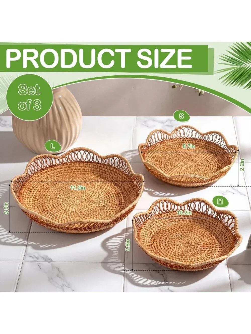 Handmade Rattan Bread & Fruit Baskets Set - Woven Decorative Serving Trays